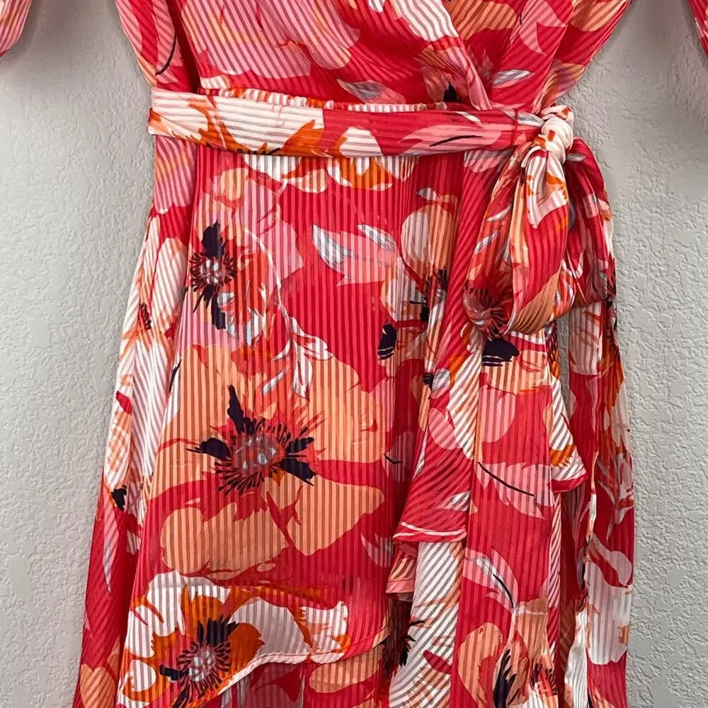 Tahari ASL Pink Floral Ruffle Hem Dress V-Neck Tie Waist Bridal Shower 2 NWT - Picture 8 of 16